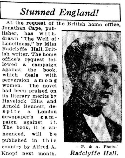 Well of Loneliness stunned England (1928 news clipping)